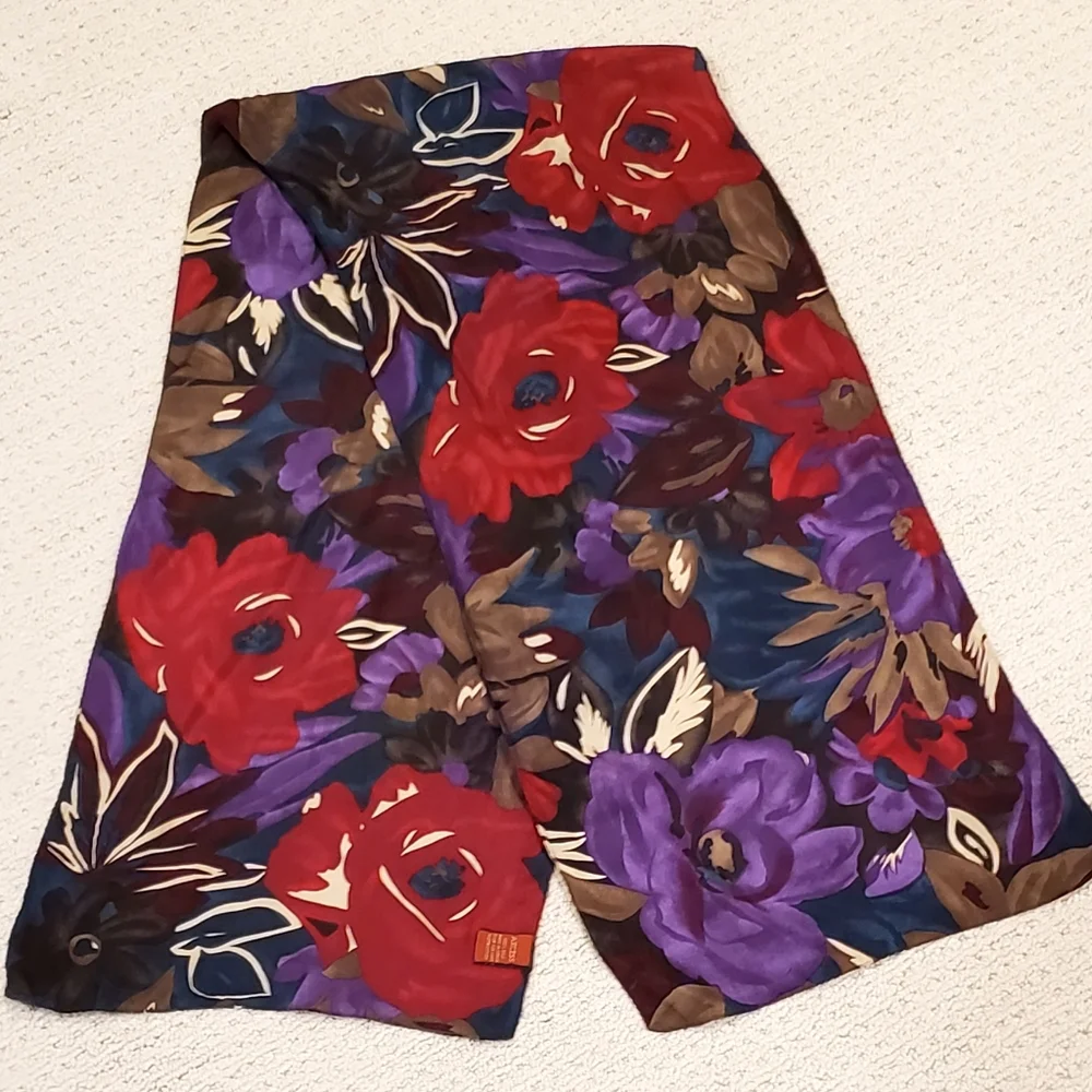 Vintage Axcess 100% Silk Long Floral Scarf, Deep Colors Purple/Teal/Red, EUC